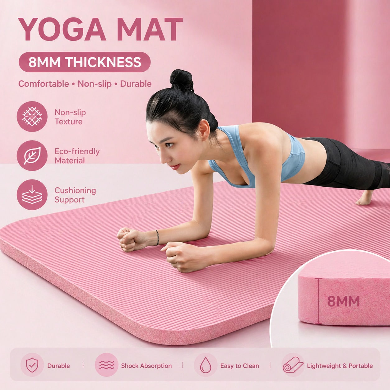 Pilates Yoga Mat Workout - 185*61CM Roze Antislip Yogamat Set Schokabsorberende
